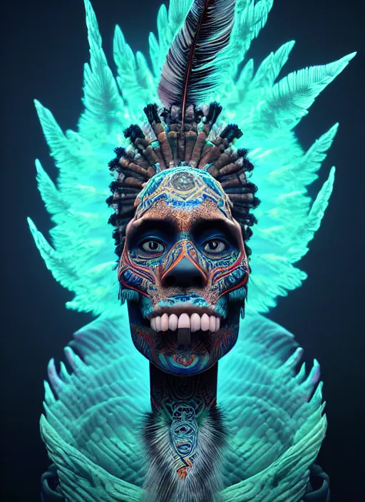 Image similar to 3 d shaman with tattoos profile portrait, sigma 5 0 0 mm f / 5. beautiful intricate highly detailed quetzalcoatl skull and feathers. bioluminescent, plasma, lava, ice, water, wind, creature, thunderstorm! artwork by tooth wu and wlop and beeple and greg rutkowski, 8 k trending on artstation,