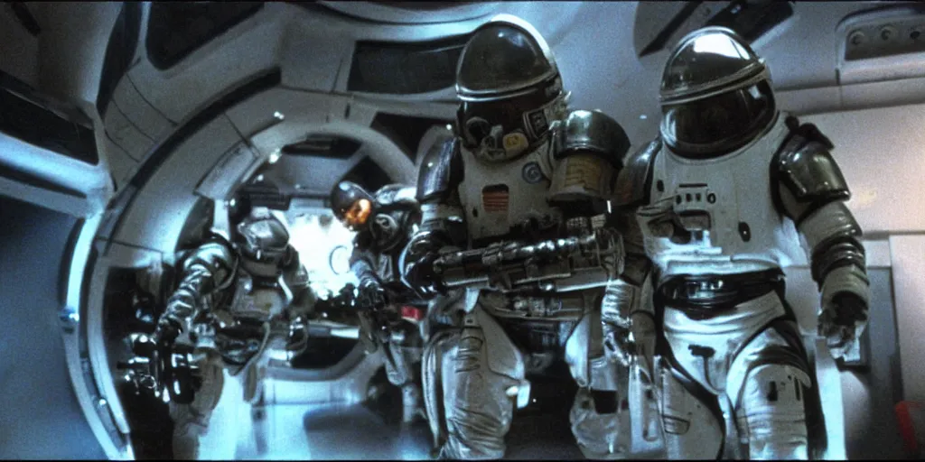 Image similar to color film still, space marines in the space ship ; alien 2 ( 1 9 8 6 )