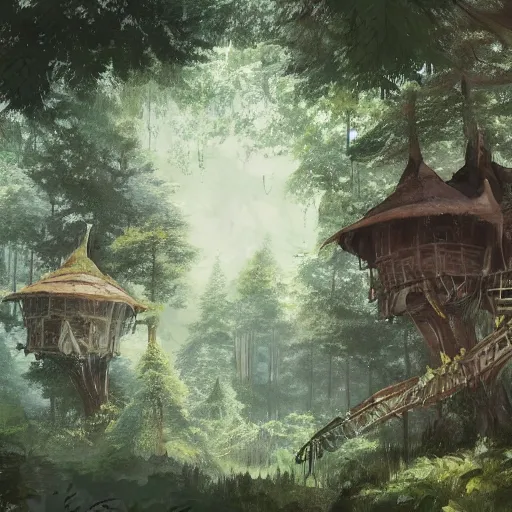 Image similar to concept art painting of treehouses made out of trees, walkways between trees, trees with doors and windows in a deep forest, realistic, detailed, cel shaded, in the style of makoto shinkai and greg rutkowski and james gurney