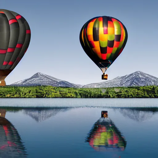 Image similar to realistic extremely detailed photo of a hot air balloon with a picture of two black swans swimming, touching heads, forming a heart with their necks flying above a reflective mountain lake, granular detail, holographic krypton ion, octane render, 4k, f32,55mm photography, wide angle