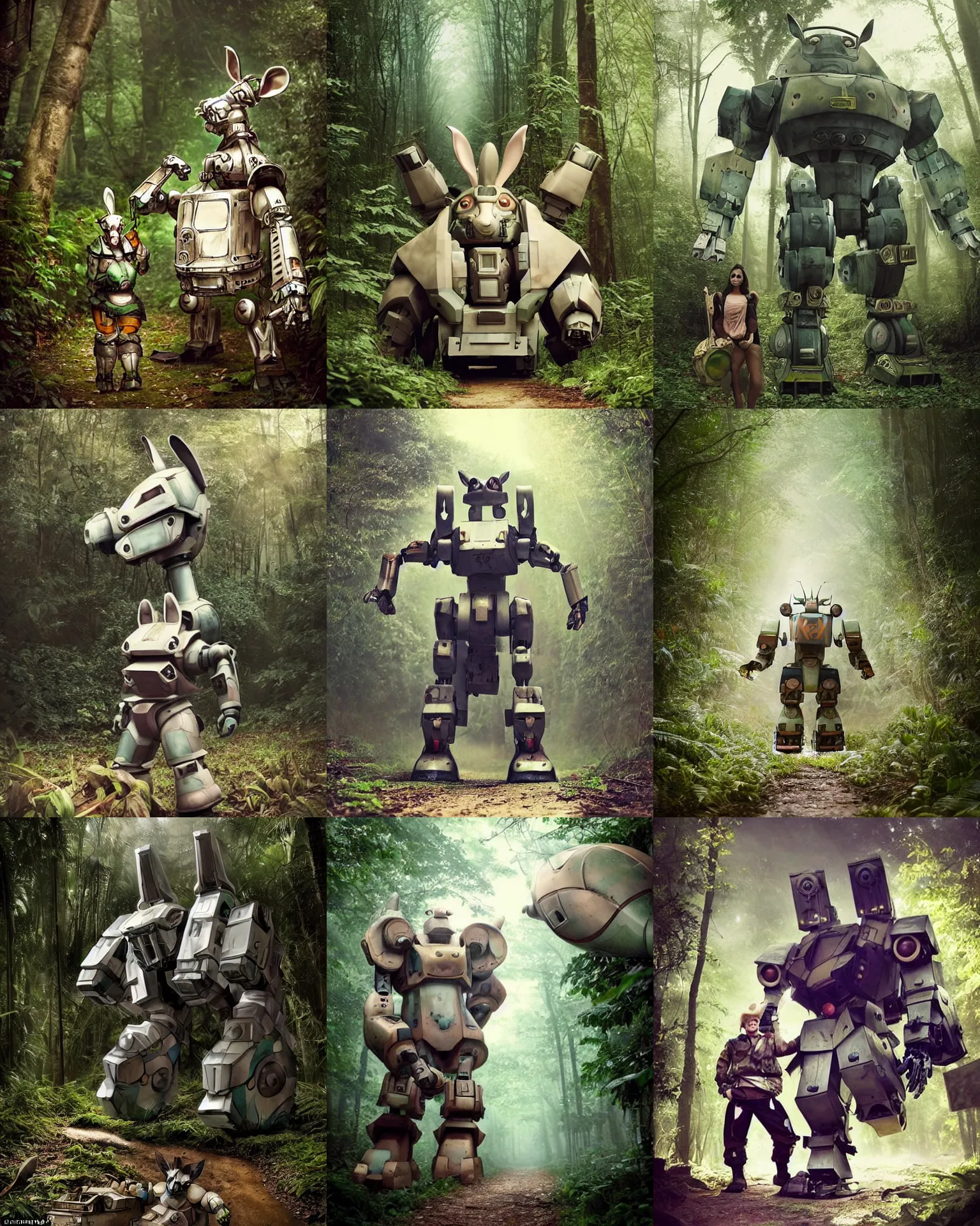 Prompt: epic battle chase pose !!!giant oversized battle rabbit robot chubby fat mech with big oversized ears as battle mecha robot weapon train , in jungle forest !!! , full body , Cinematic focus, Polaroid photo, vintage , neutral dull colors, foggy mist ,by oleg oprisco , by victor enrich , by gregory crewdson , by discovery channel