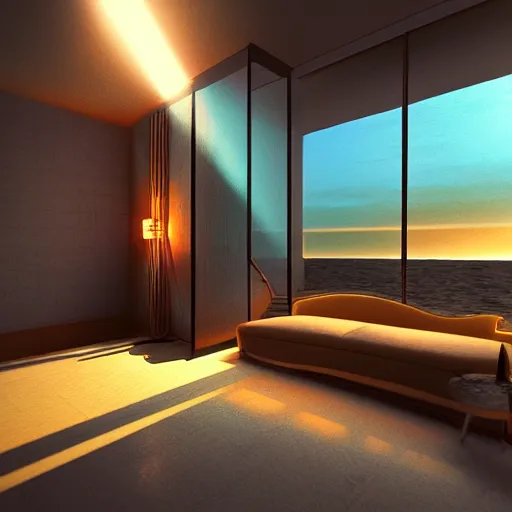 Image similar to retro virtual interior, crisp, artstation, luxury, beautiful, dim painterly volumetric aquatic sunset lighting, 3 d concept art