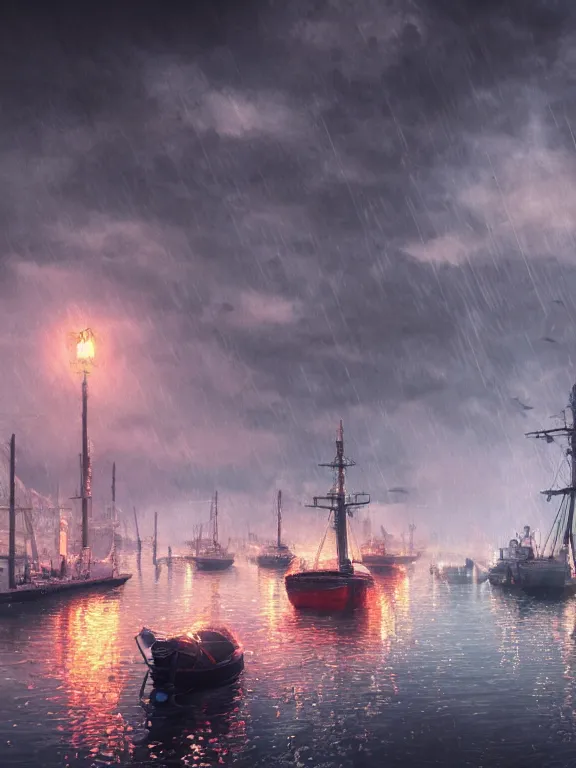 Image similar to photo of 8k ultra realistic harbour, port, boats, heavy rain, , night, full of colour, cinematic lighting, battered, trending on artstation, 4k, hyperrealistic, focused, extreme details,unreal engine 5, cinematic, masterpiece, art by studio ghibli