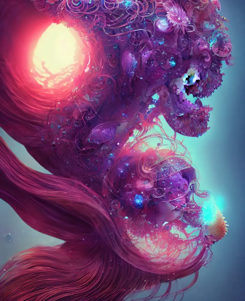 Image similar to goddess close-up portrait. chimera orchid jellyfish phoenix head, nautilus, skull, betta fish, bioluminiscent creatures, intricate artwork by Tooth Wu and wlop and beeple. octane render, trending on artstation, greg rutkowski very coherent symmetrical artwork. cinematic, hyper realism, high detail, octane render, 8k