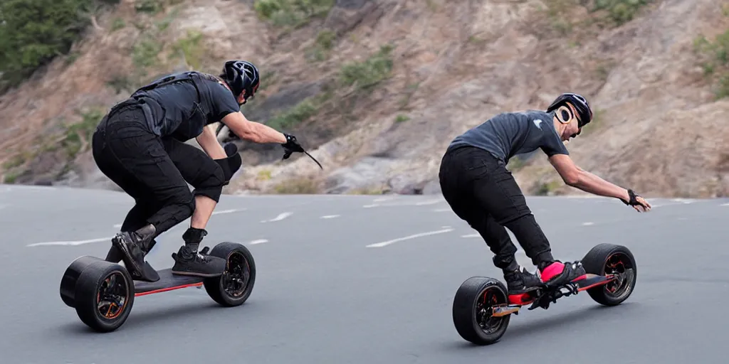 Prompt: the rock riding electric skateboard, backfire off - road skateboard, downhill, lightning, photo