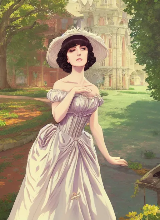 Image similar to a beautiful woman in a regency style dress, royal garden landscape , 4k, anime key visual, lois van baarle, ilya kuvshinov, rossdraws, artstation