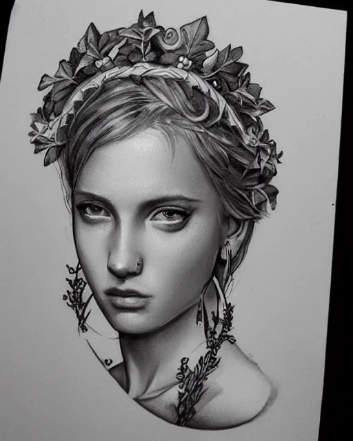 Image similar to realism tattoo sketch of a beautiful greek goddess aphrodite with piercing eyes wearing a laurel wreath and triangle earrings, in the style of greg rutkowski, amazing detail