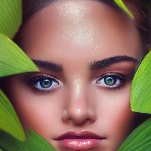 Image similar to gorgeous female photo, professionally retouched, soft lighting, chest covered with palm leaves, realistic, smooth face, perfect eyes, wide angle, sharp focus on eyes, 8 k high definition, insanely detailed, intricate, elegant, oil painting art by omar ortiz