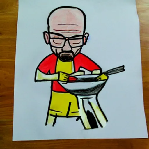 Image similar to Child's drawing of Walter White Cooking meth, simple, paper,