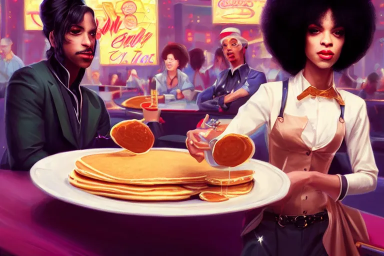 Image similar to portrait of the artist formally known as prince with a plate of pancakes, casino on fire los vegas, charlie bowater, artgerm, ilya kuvshinov, krenz cushart, ruan jia, realism, ultra detailed, 8 k resolution