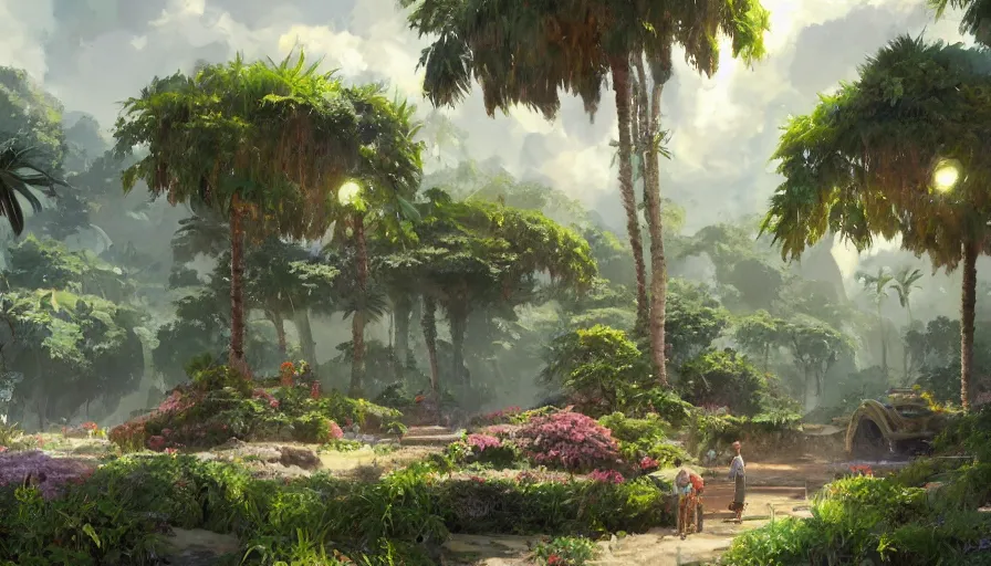 Image similar to craig mullins and studio ghibli illustration of a future sphere living space, lush landscape, science fiction landscape, flowers, flying saucers, palm trees, people, unreal engine, hyper realism, realistic shading, cinematic composition, realistic render, octane render, detailed textures, photorealistic, wide shot