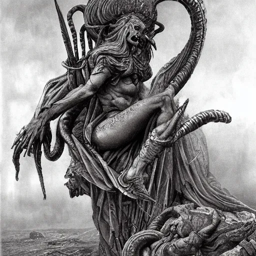 Image similar to mythological gorgon and the furies 8 k resolution photorealistic concept art by hr giger, gustav dore beksinski and guerlmo del toro.