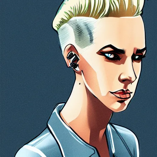 Image similar to character concept art of heroic stoic emotionless butch blond handsome woman engineer with very short slicked - back butch hair, narrow eyes, wearing atompunk jumpsuit, retrofuture, highly detailed, science fiction, illustration, pulp sci fi