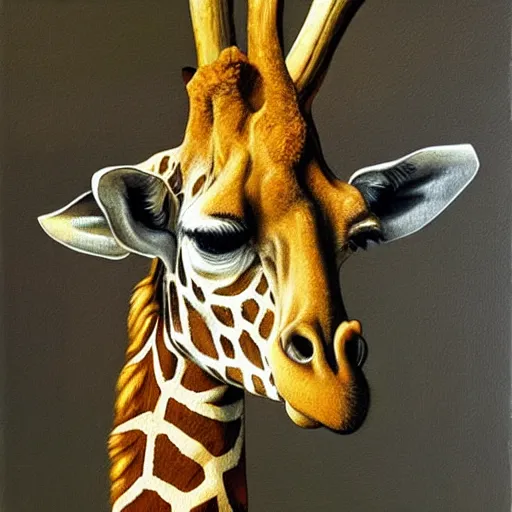 Image similar to an oil painting of a giraffe painted by arcimboldo