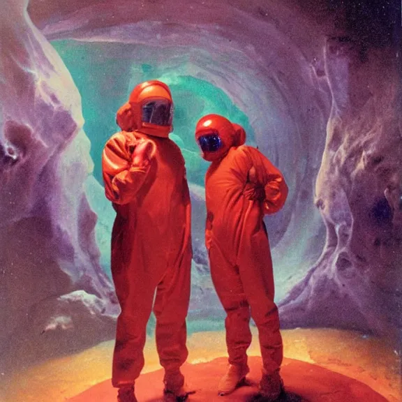 Prompt: two scientists wearing red rick owens hazmat suits in a glowing nebula wormhole tunnel by frank frazetta