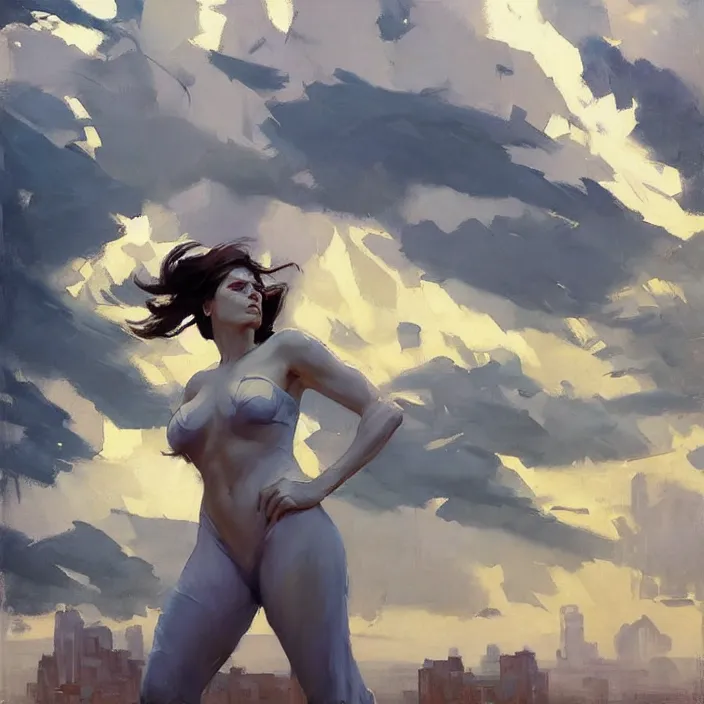 Prompt: greg manchess painting of giganta, cityscape, calm, fantasy character portrait, dynamic pose, above view, thunder clouds in the sky, artwork by jeremy lipkin and giuseppe dangelico pino and michael garmash and rob rey and greg manchess and huang guangjian and makoto shinkai, very coherent artwork, sharp edges, perfect face, simple form, 1 0 0 mm