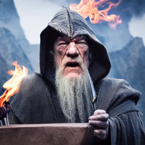 Image similar to the evil ian mckellen smithing on an anvil as gandalf in a dark viking hood playing odin all father crafting a neural network with golden synapses on an anvil with fire, highly detailed, cinematic shot, cinematic lighting, 8 k, exquisit facial detail