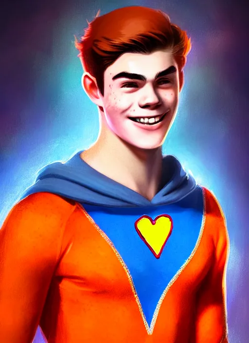 Prompt: friendly teenage archie andrews wearing an orange superhero costume with heart logo, heart, freckles, blue cape, heart emblem on chest, blue cape, intricate, elegant, glowing lights, highly detailed, digital painting, artstation, sharp focus, illustration, art by wlop, mars ravelo and greg rutkowski