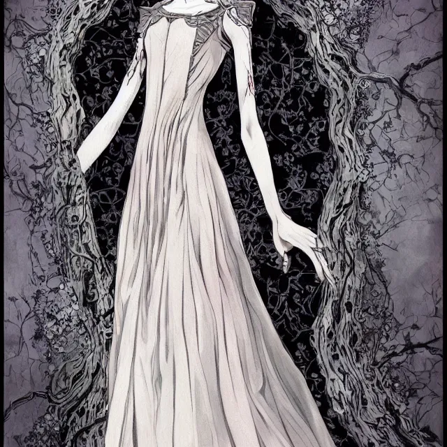 Prompt: a painting of a pale gothic girl in a beautiful dress by junji ito, dark fantasy art, high detail, trending on artstation