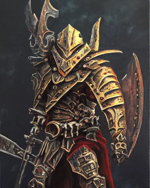 Image similar to an oil painting of a chaos warrior