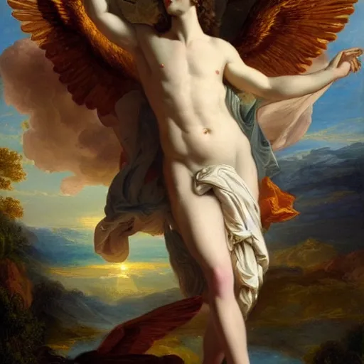 Image similar to Portrait of the Sun God Apollo, large wings, luxuriant, dreamy, eternity, romantic, strong pose, highly detailed, in the style of Franz Xaver Winterhalter, highly detailed, in the style of Aetherpunk