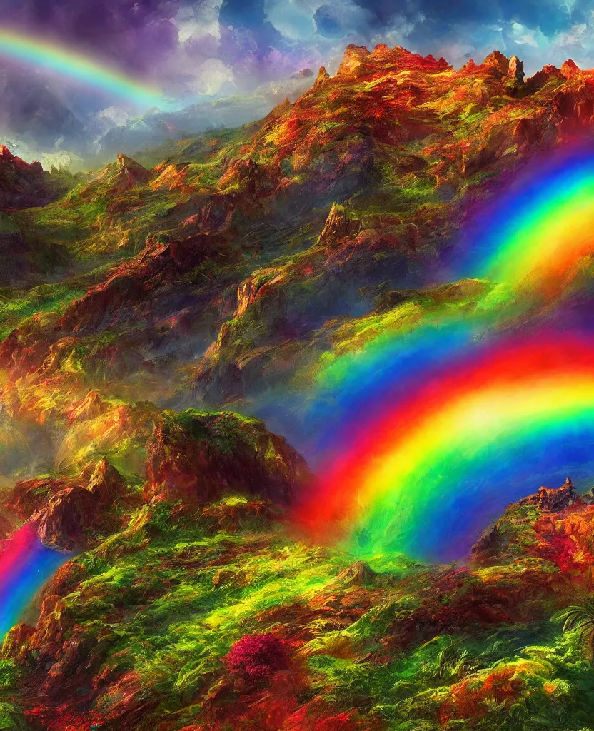 Prompt: enormously detailed hd concept art of three parallel rainbows at horizon, landscape with mountains and flowers, concept art, 8K detail post-processing