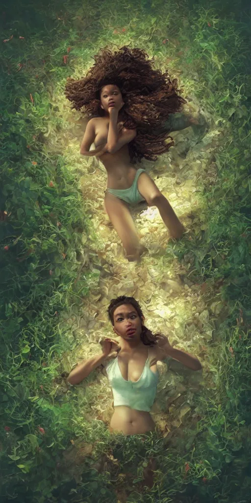 Image similar to top view, full body, lying mulatto girl, beautiful face, inside the venus flytrap, gorgeous, intricate, volumetric lighting, scenery, digital painting, highly detailed, artstation, concept art, ruan jia, steve mccurry, ultra detailed painting at 16K resolution and epic visuals, epically surreally beautiful image, amazing effect