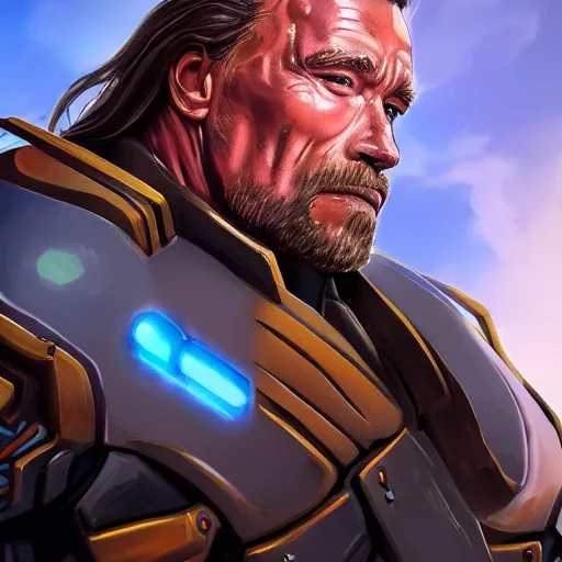 Image similar to a screenshot of arnold schwarzenegger as reinhardtin overwatch, portrait, fantasy, beautiful face, vivid colors, elegant, concept art, sharp focus, digital art, hyper - realistic, 4 k, unreal engine, highly detailed, hd, dramatic lighting by brom, trending on artstation