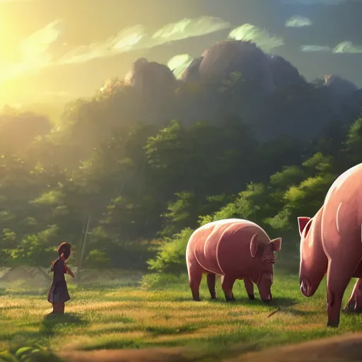 Image similar to giant pig eating everybody, highly detailed, 4k resolution, lighting, anime scenery by Makoto shinkai