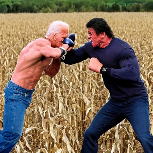 Image similar to Sylvester Stallone punching joe biden in a corn maze, 4k realistic photo