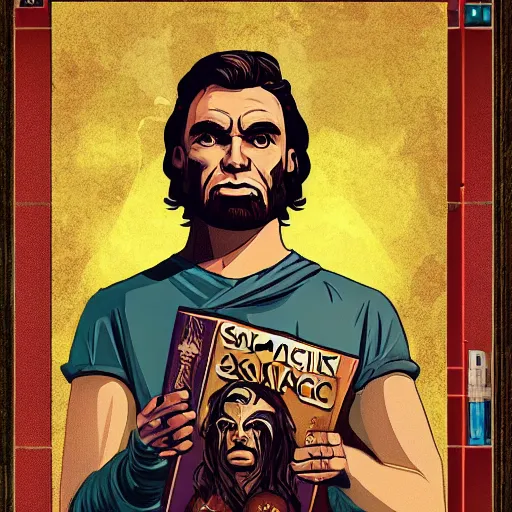 Image similar to saint homo neanderthalis portrait poster with book of science on his right hand, pop art, gta chinatown wars art style, bioshock infinite art style, hyperrealistic, two colors, paper border table, 4 k, remove duplicate content, justify contents center.