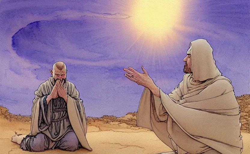 Prompt: a hyperrealist watercolour concept art of a large circular dimensional portal in the sky. a medieval monk in grey robes is kneeling in prayer below it on a desert road. by rebecca guay, michael kaluta, charles vess and jean moebius giraud. high detail, hq, wide shot