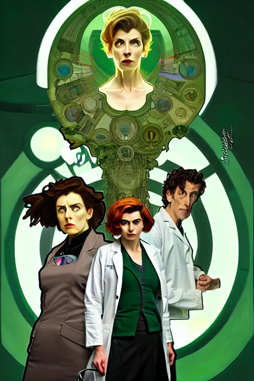 Image similar to doctor who, woman, as a mad dentist, on a plain green background, art by artgerm and greg rutkowski and alphonse mucha