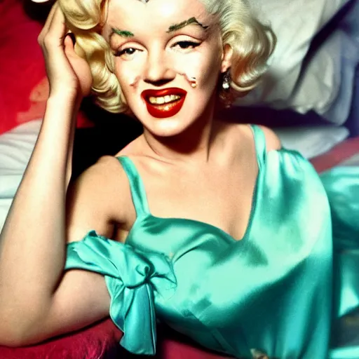 Prompt: 50s color photo of Marilyn Monroe in a silk nightgown sitting on a bed