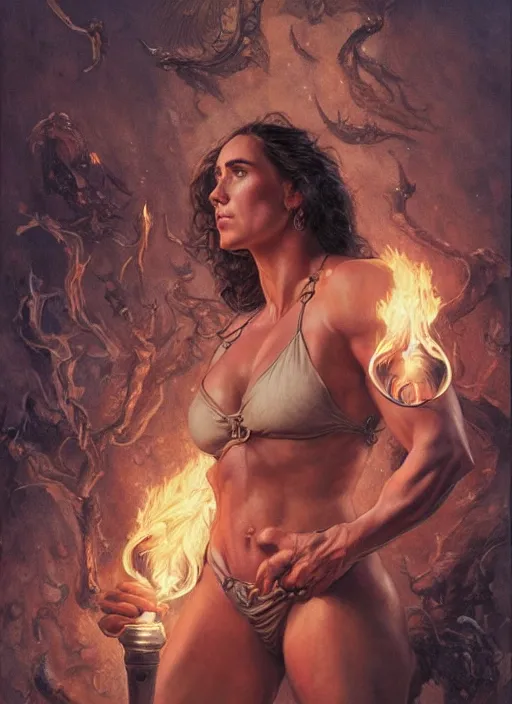 Image similar to portrait of a very muscled Jennifer Connelly as a heroine staring into the camera, torches and fireflies, artstation, intricate, elegant, highly detailed, art by Donato Giancola, Joseph Christian Leyendecker, WLOP, Boris Vallejo, Artgerm