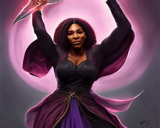 mindblowing, serena williams as a female wizard, black wizard hat, robes,  deep focus, d & d, fantasy, intricate, elegant!!, beautiful, highly  detailed, digital painting, artstation, concept art, matte, sharp,  illustration, hearthstone, art