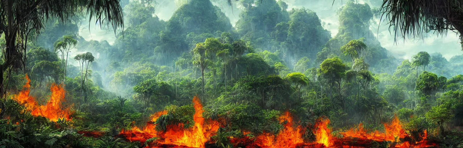 Prompt: painting of a jungle on fire!! scene on an alien planet by vincent bons. ultra sharp high quality digital render. detailed. beautiful landscape. weird vegetation. water.