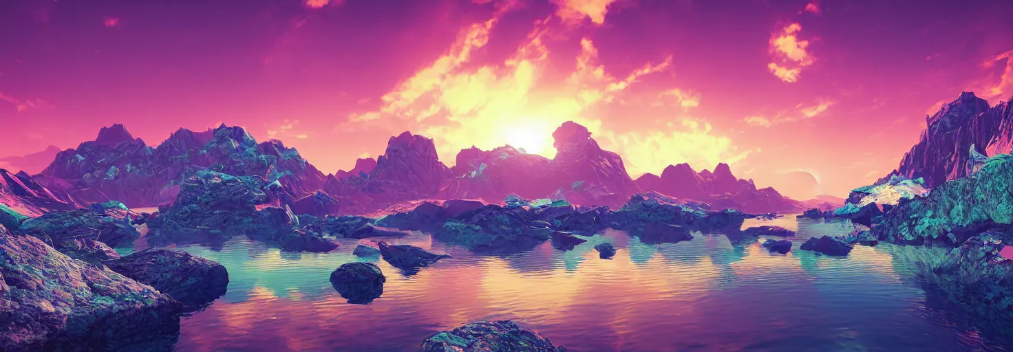 Image similar to super detailed color art, a sinthwave northern sunset with rocks on front, lake in the middle of perspective and mountains at background, unreal engine, retrowave color palette, 3d render, lowpoly, colorful, digital art