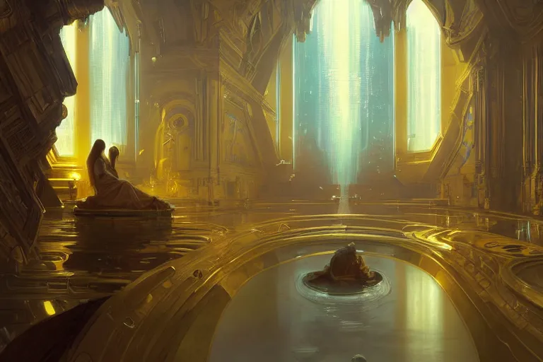 Image similar to a background matte painting for a high tech science fiction religious room with chambers of bubbling liquid gold intricate digital painting artstation concept art smooth sharp focus illustration, art by artgerm and paul chadeisson and greg rutkowski and alphonse mucha