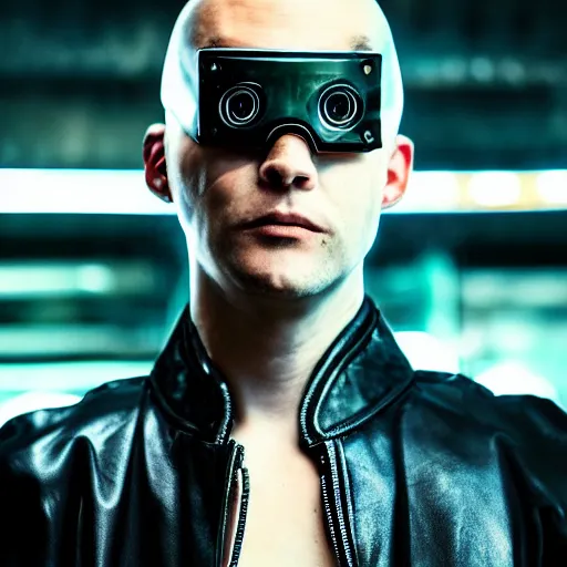 Prompt: damaged photo! of cyberpunk, shaved head, wearing futuristic goggles, leather jacket, cyborg! photorealistic, hyper real, 8 k, high details, wires cybernetic implants, machine noir grime grunge, in cyberspace photoreal, atmospheric