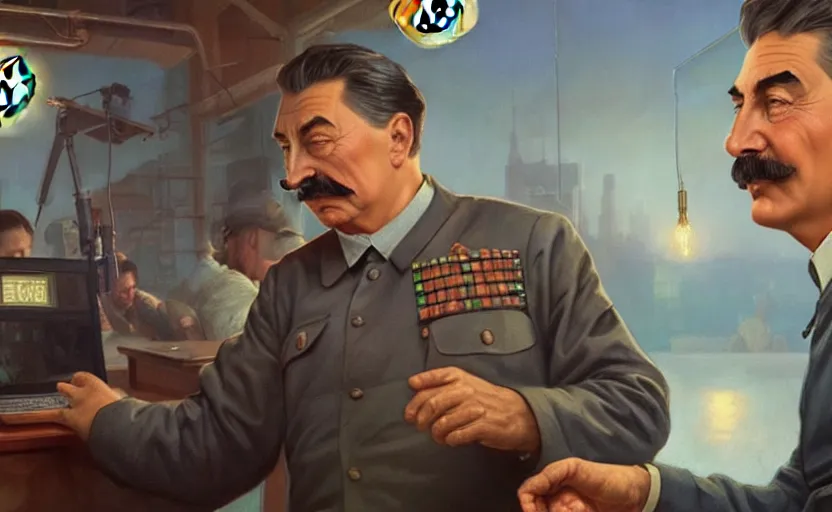 Prompt: angry realistic josef stalin trading bitcoin in front of computer trading bitcoin, portrait, highly detailed, hyperrealistic, digital painting, artstation, concept art, smooth, sharp focus, illustration, cinematic lighting, art by artgerm and greg rutkowski and alphonse mucha