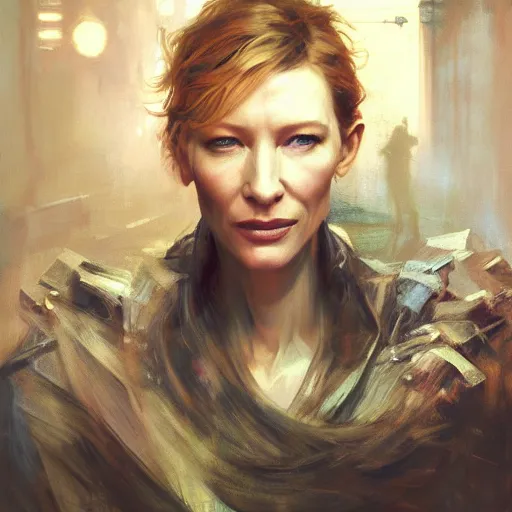 Image similar to cate blanchett, hyperrealistic portrait, bladerunner street, art of elysium by jeremy mann and alphonse mucha, fantasy art, photo realistic, dynamic lighting, artstation, poster, volumetric lighting, very detailed face, 4 k, award winning