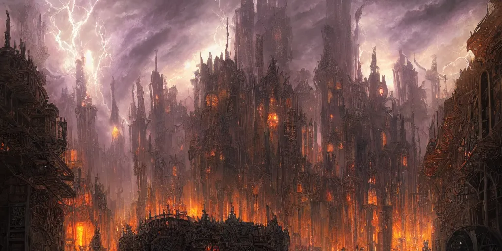 Prompt: tony diterlizzi and brom's beautiful painting of the planescape city of sigil, digital art, volumetric lightning, intricate details, by art germ, by greg rutkowski, vibrant colors, amazing fantasy art, clear sharp image