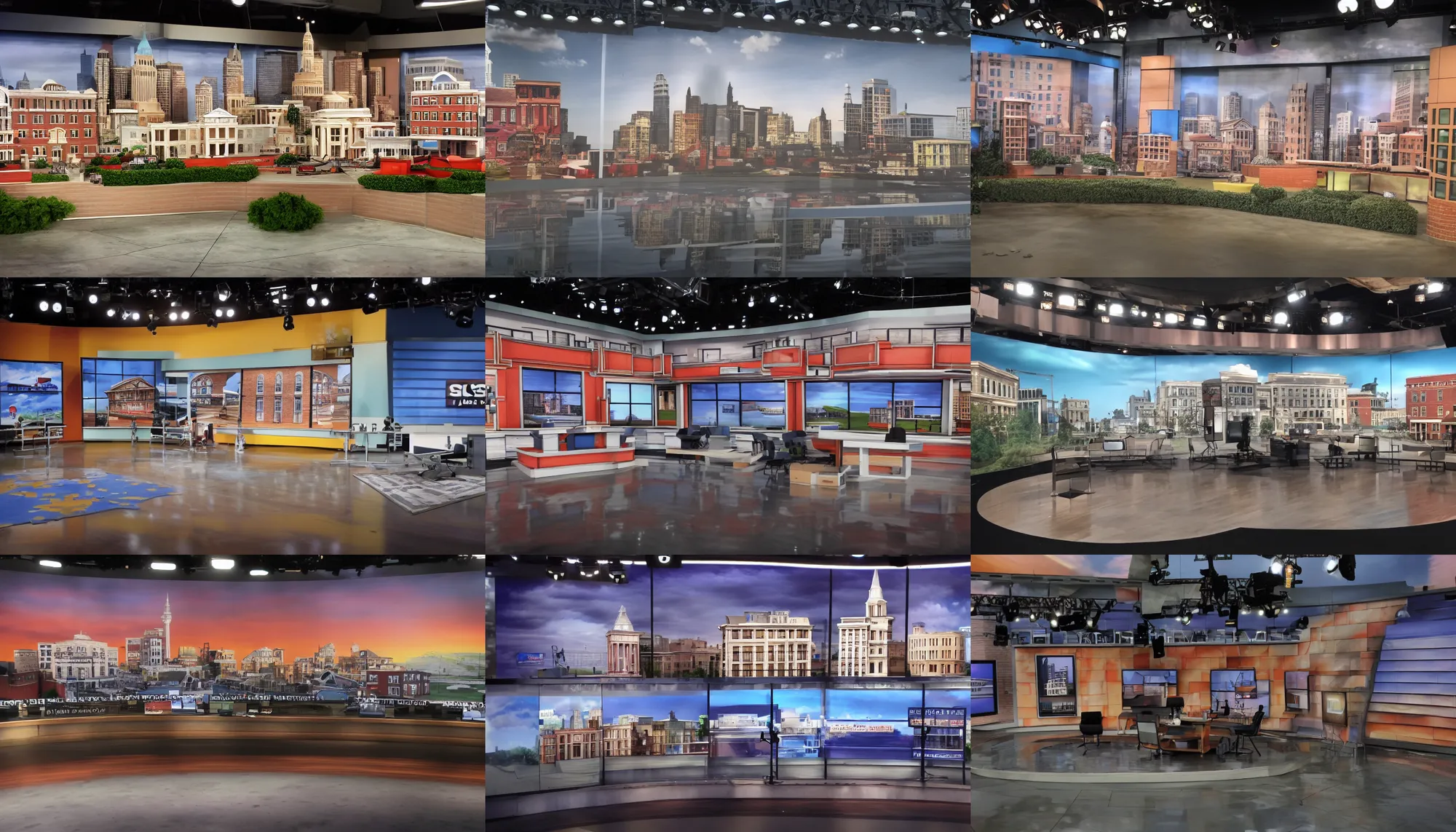 Prompt: A backdrop for the set of a news show depicting buildings from a very small town, jumbled together, medium shot