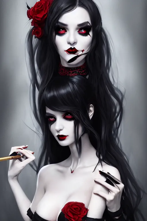 Image similar to Portrait of seductive female necromancer, D&D, revealing stylish dress, red eyes, black lipstick, choker on neck, long black hair, mouth slightly open, slight nerdy smile, fantasy, intricate, elegant, highly detailed, digital painting, artstation, concept art, smooth, sharp focus, illustration, art by artgerm and greg rutkowski and alphonse mucha
