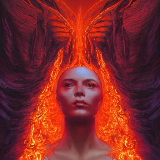 Image similar to A stunning portrait of a goddess, her body made of flames, by Wayne Barlowe, 8K UHD, intricate, fantasy, Trending on artstation.