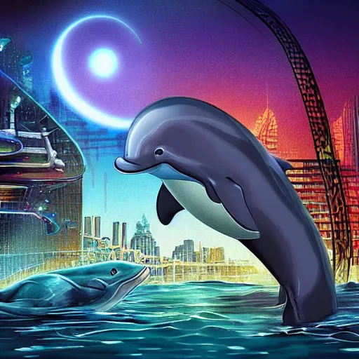 Prompt: an alien dolphin city, sci-fi digital art illustration,