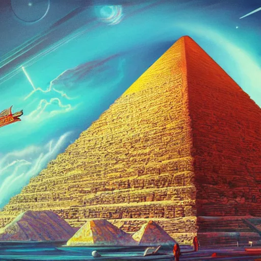 Image similar to a Stunning painting of A Great Pyramid of the Future by concept art,Retro colour,hyper detailed,8K Resolution