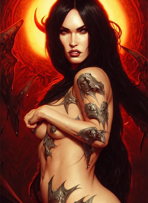 Image similar to portrait of megan fox as an succubus demon, batwings, hell, intricate, headshot, highly detailed, digital painting, artstation, concept art, sharp focus, cinematic lighting, illustration, art by artgerm and greg rutkowski, alphonse mucha, cgsociety