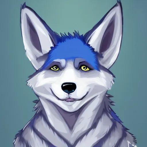 Prompt: an anthro furry fursona hybrid of a blue german shepherd and a blue fox, with blue fur and blue eyes, award winning digital art, trending on furaffinity, artstation, pixiv